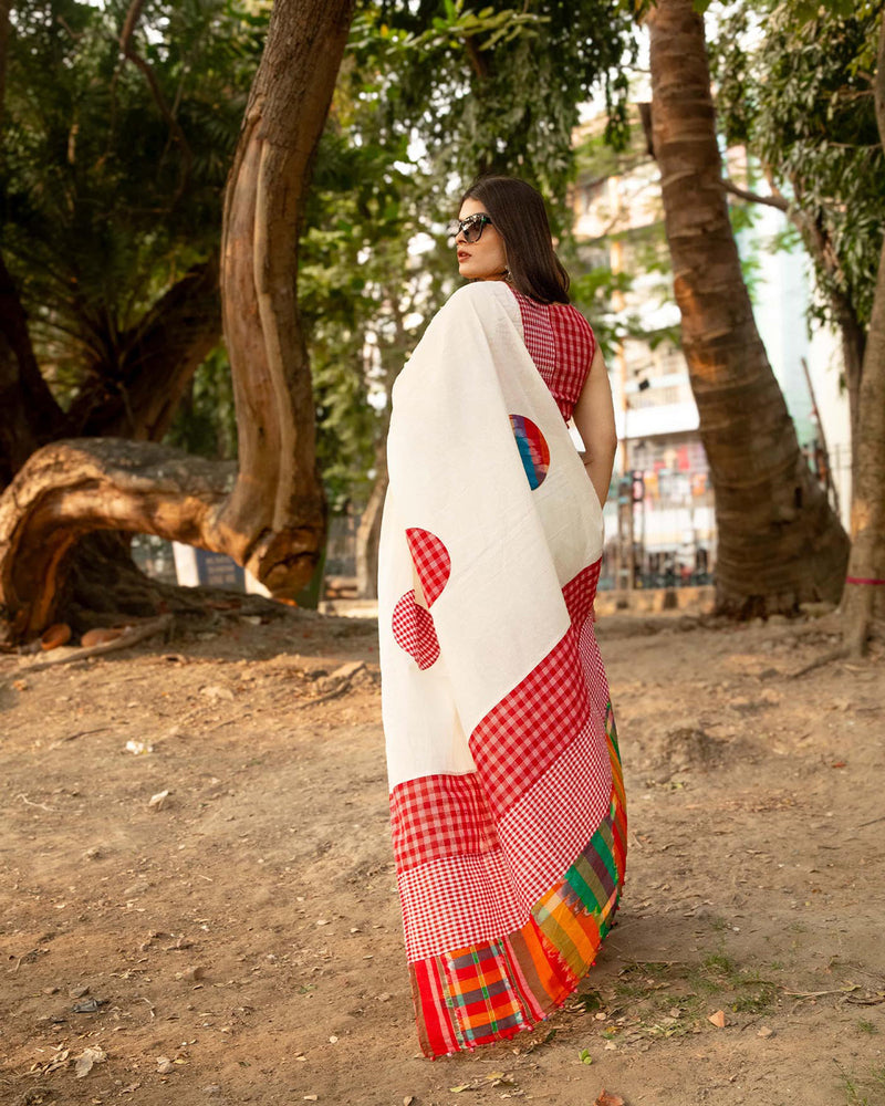 Dotted Fiesta Saree cotton,gamcha saree by 145 East in white, red, multicolour for women in Singapore