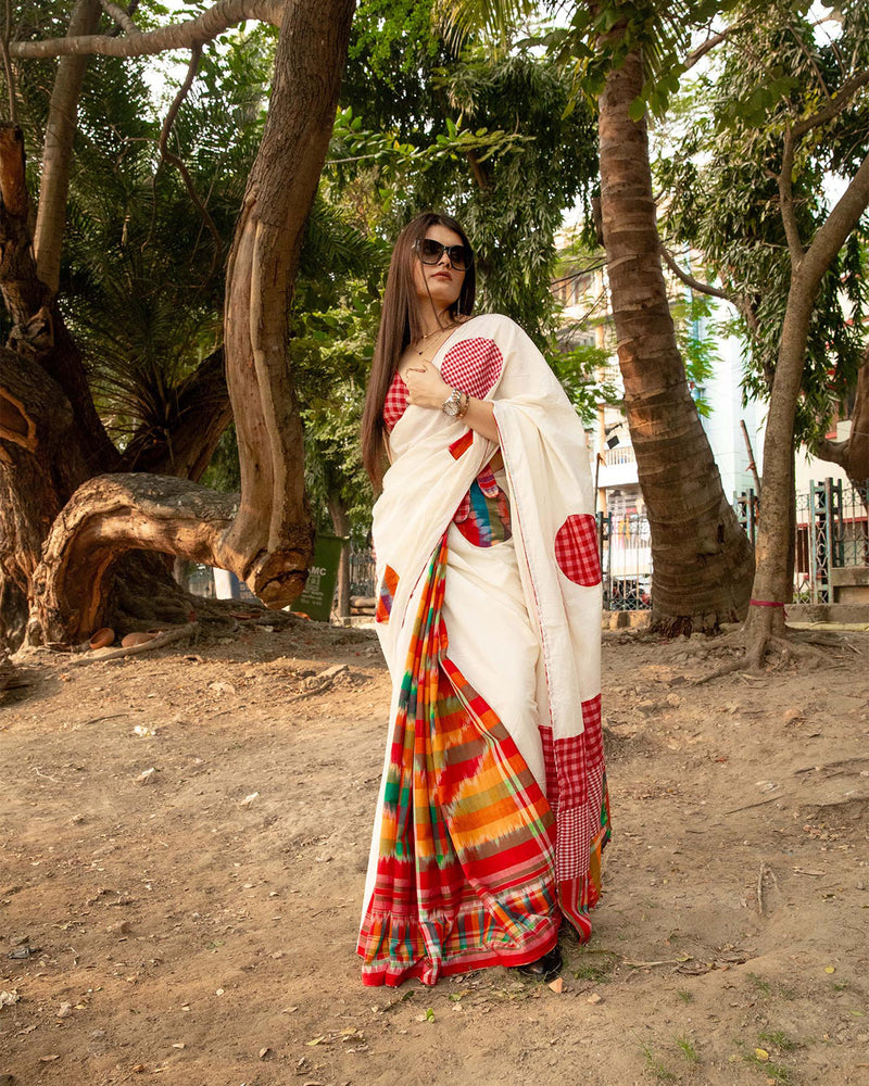 Dotted Fiesta Saree cotton,gamcha saree by 145 East in white, red, multicolour for women in Singapore