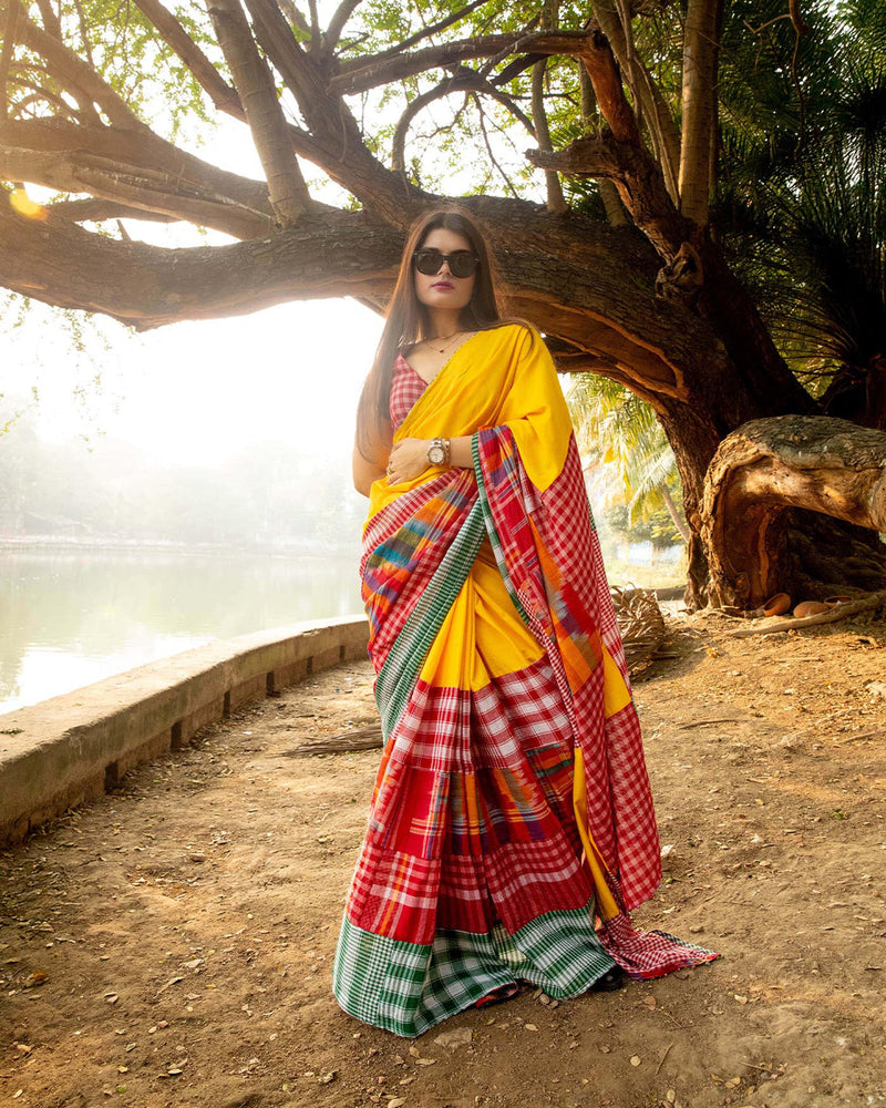 The Sunflower Saree cotton,gamcha saree by 145 East in yellow, red, multicolour for women in Singapore