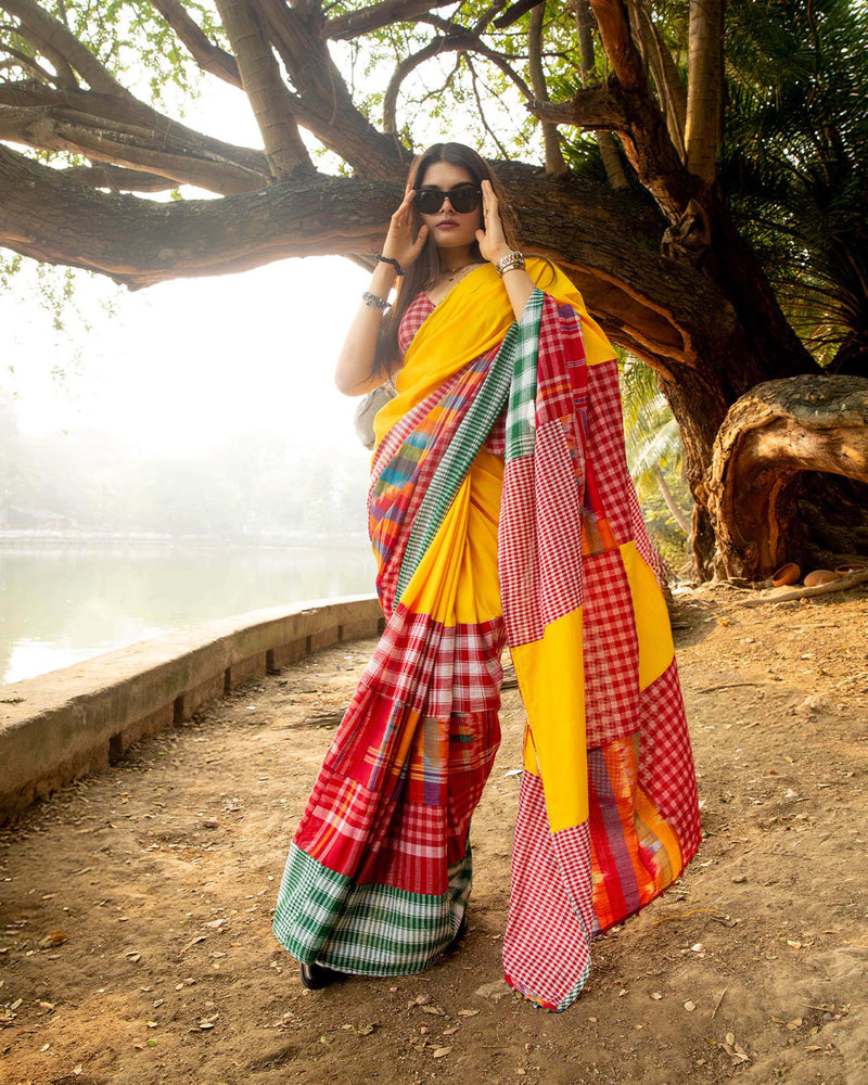 The Sunflower Saree cotton,gamcha saree by 145 East in yellow, red, multicolour for women in Singapore