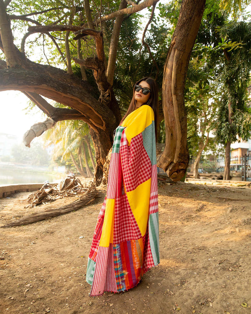 The Sunflower Saree cotton,gamcha saree by 145 East in yellow, red, multicolour for women in Singapore