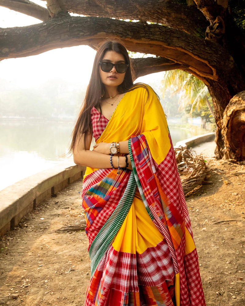 The Sunflower Saree cotton,gamcha saree by 145 East in yellow, red, multicolour for women in Singapore