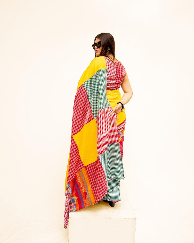The Sunflower Saree cotton,gamcha saree by 145 East in yellow, red, multicolour for women in Singapore
