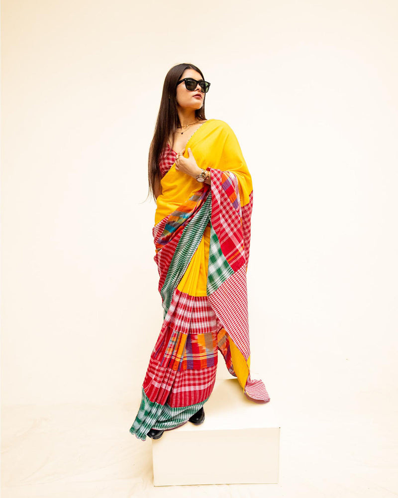 The Sunflower Saree cotton,gamcha saree by 145 East in yellow, red, multicolour for women in Singapore