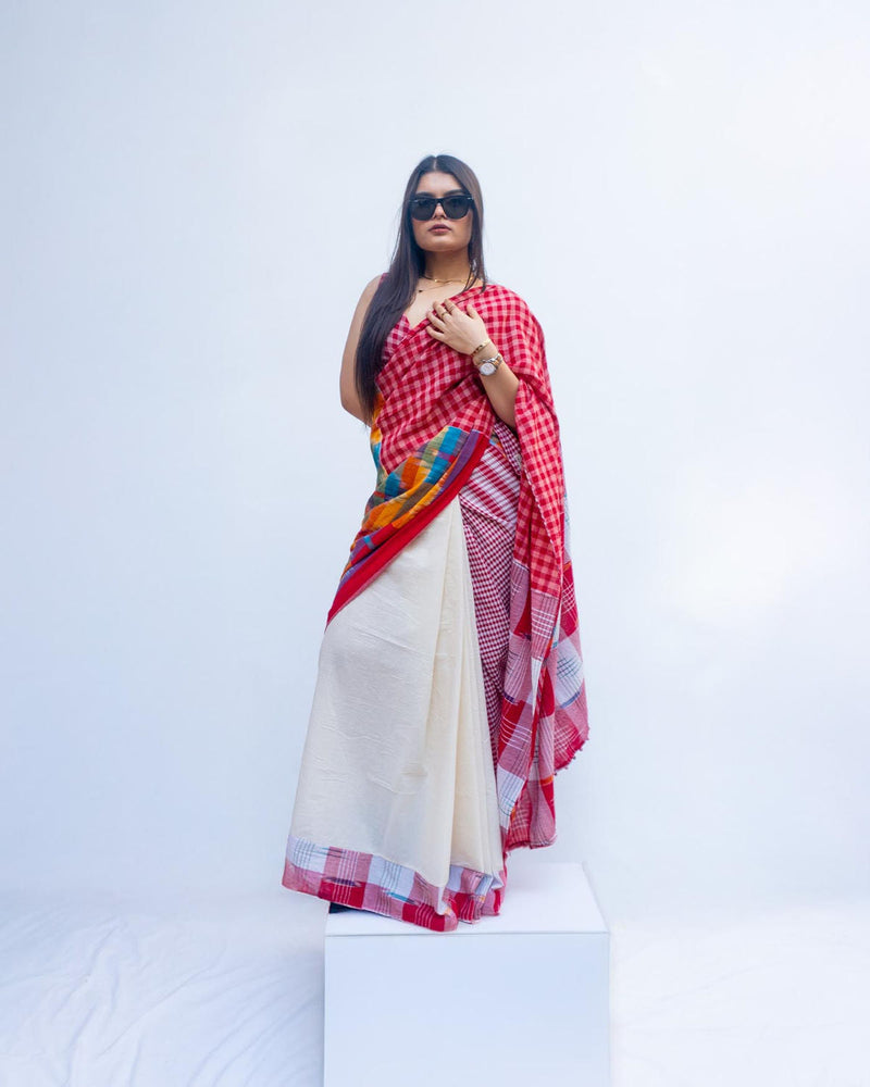 Fine Fiesta Saree woven gamcha, off-white khadi cotton saree by 145 East in red, white, multicolour for women in Singapore