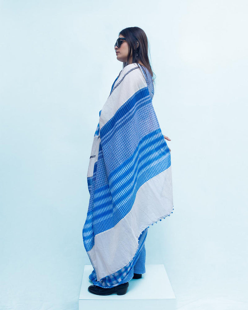 Indigo Grace Saree cotton,gamcha saree by 145 East in white, blue for women in Singapore
