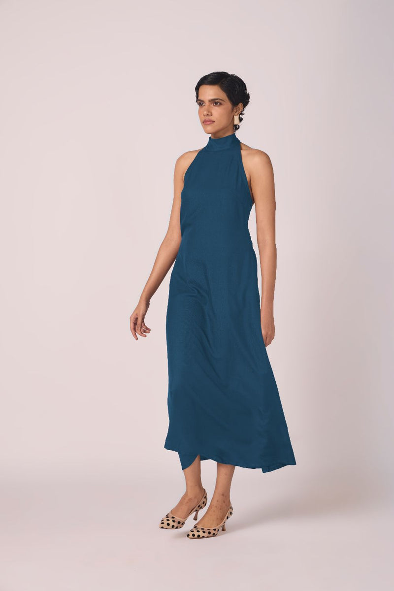 Saros Blue Silk Halter Dress silk by The Summer House in blue color for women in Singapore