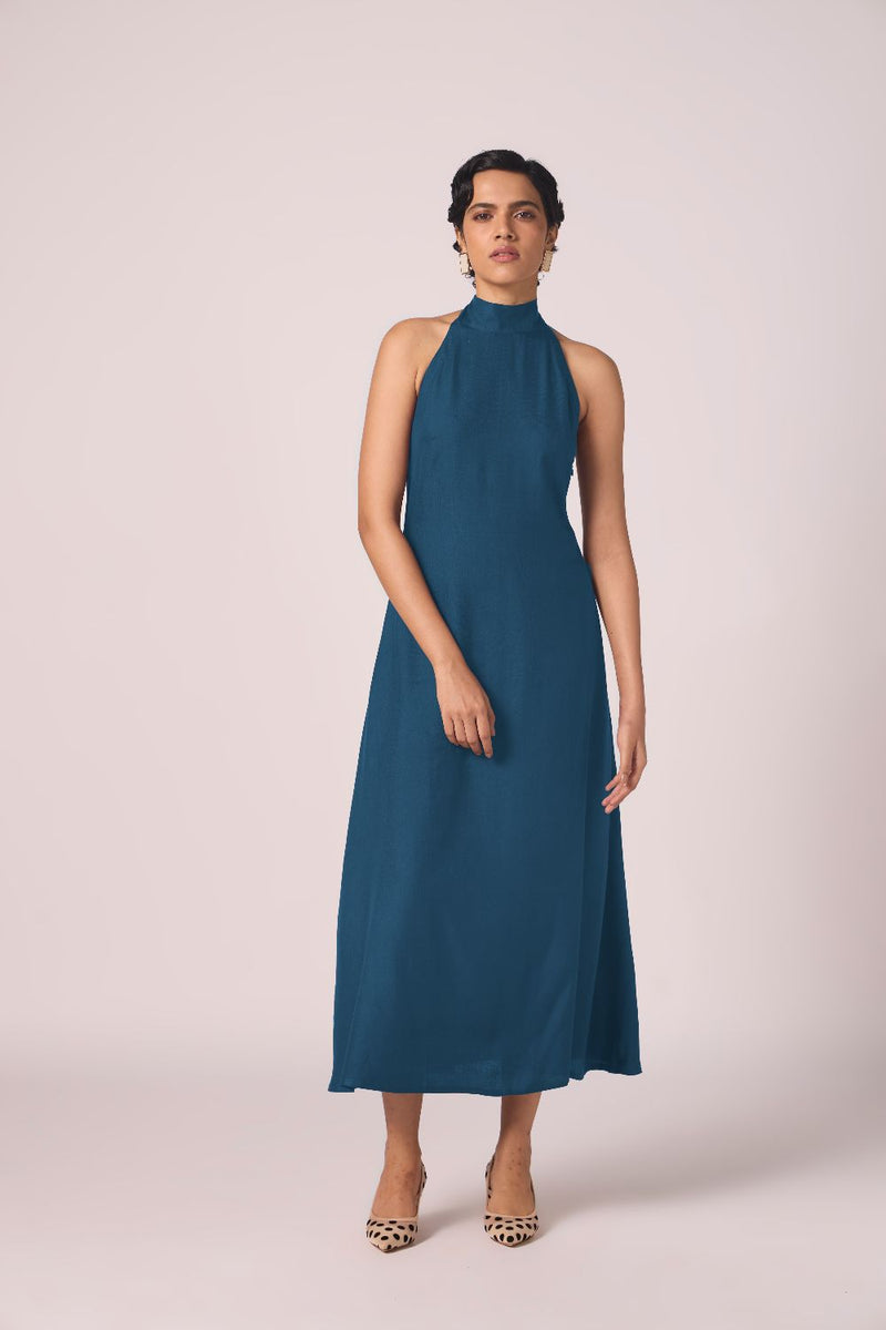 Saros Blue Silk Halter Dress silk by The Summer House in blue color for women in Singapore