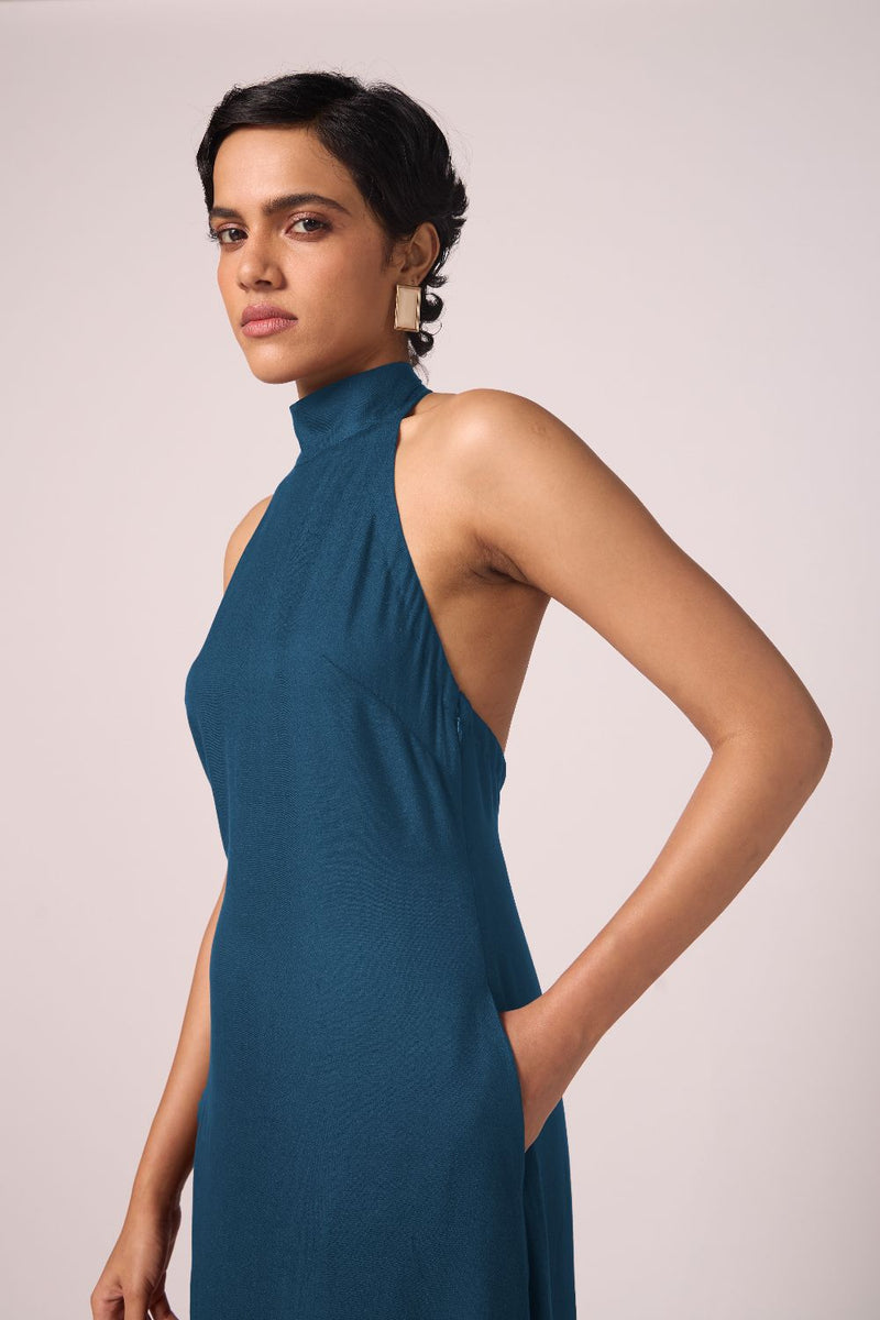 Saros Blue Silk Halter Dress silk by The Summer House in blue color for women in Singapore