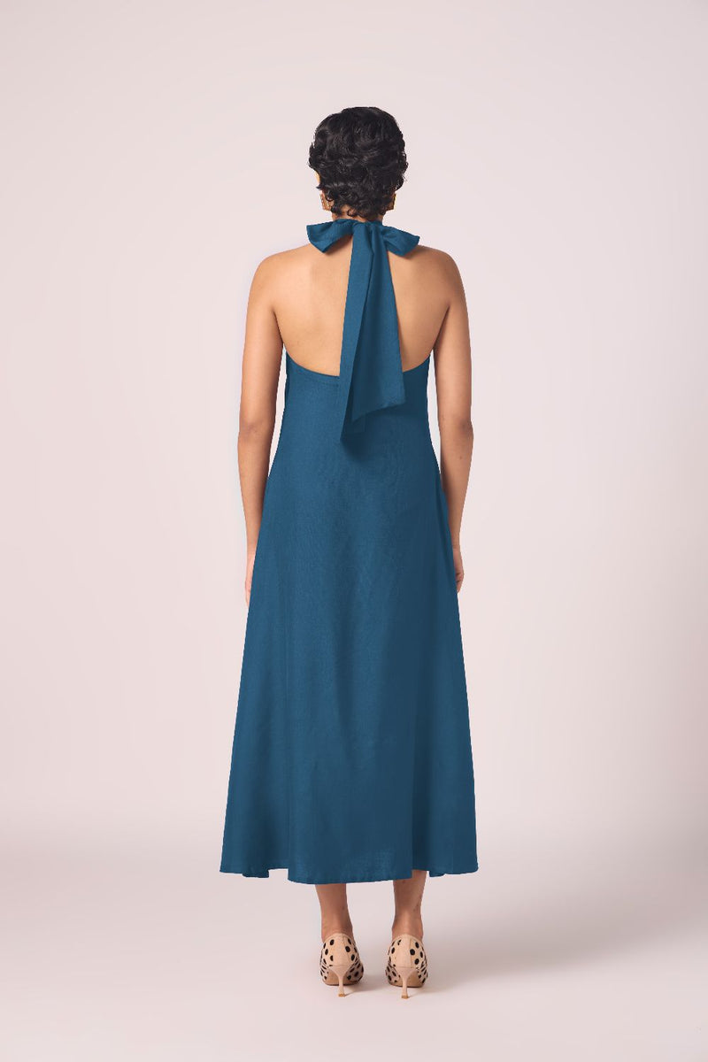 Saros Blue Silk Halter Dress silk by The Summer House in blue color for women in Singapore