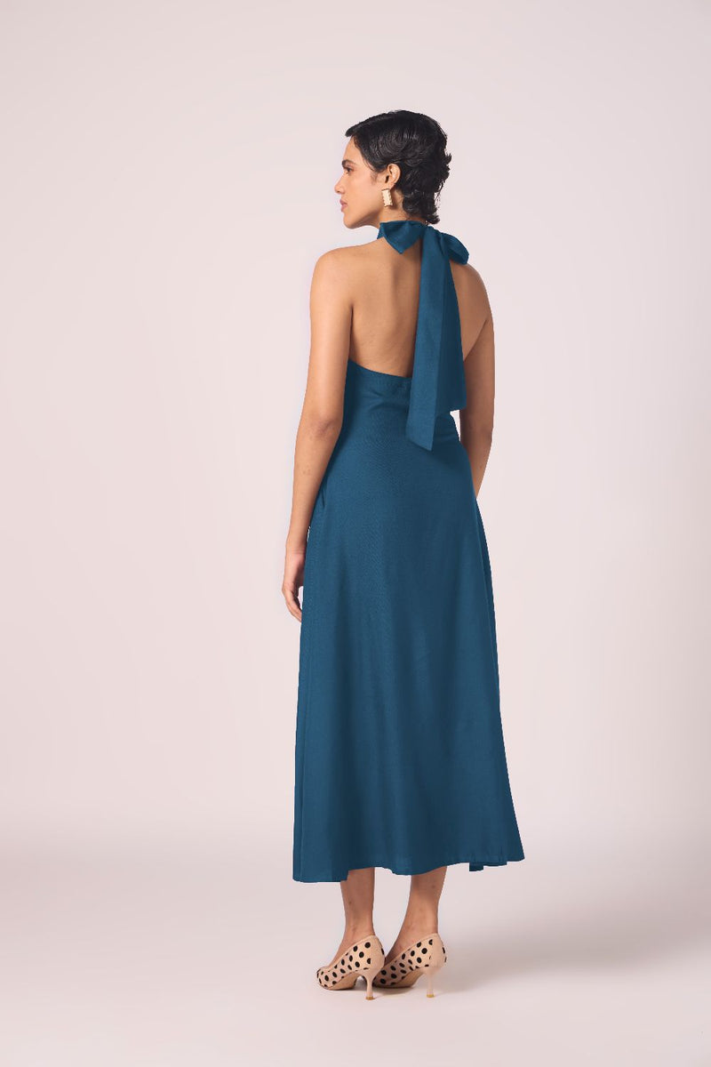 Saros Blue Silk Halter Dress silk by The Summer House in blue color for women in Singapore