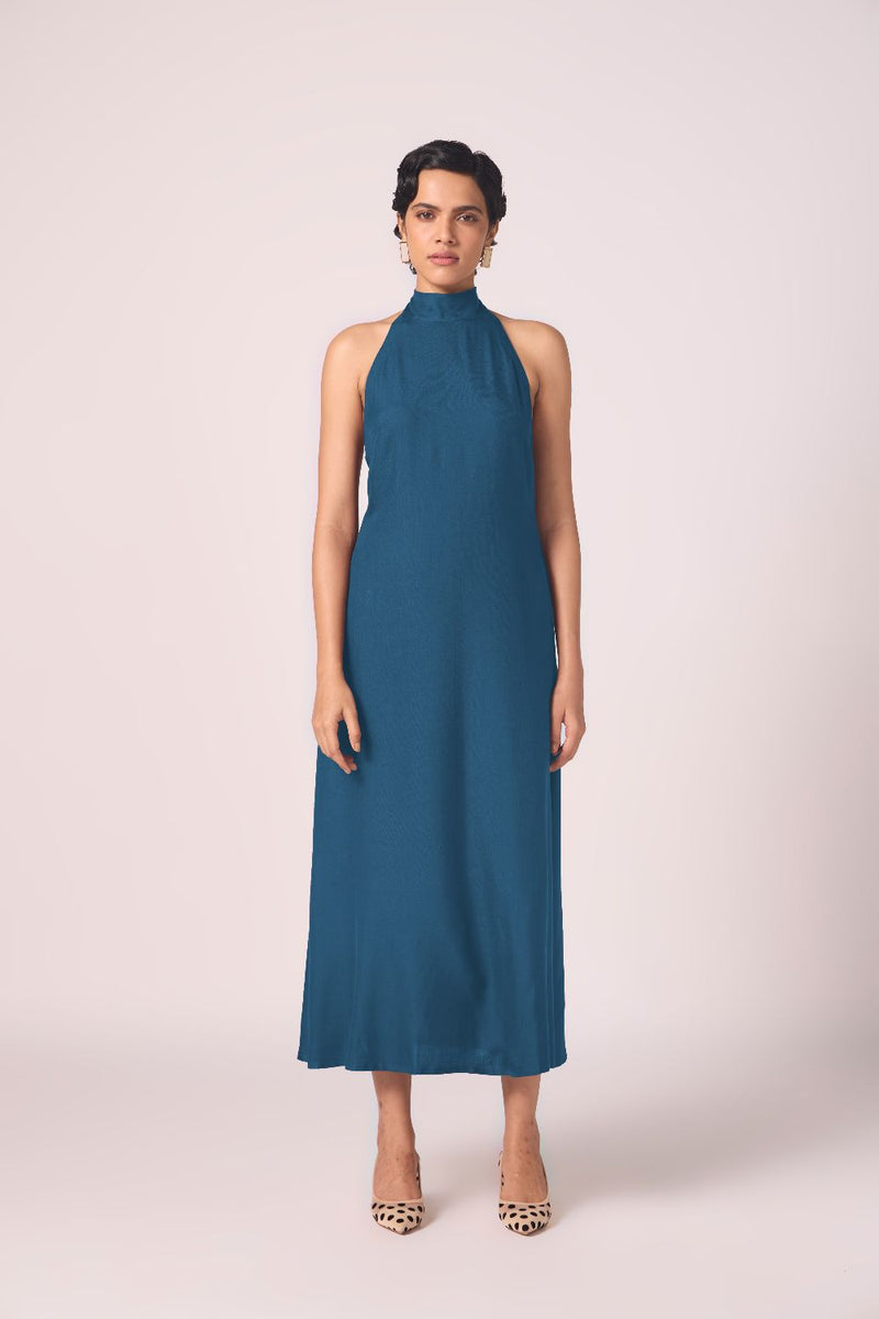 Saros Blue Silk Halter Dress silk by The Summer House in blue color for women in Singapore