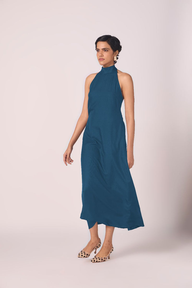 Saros Blue Silk Halter Dress silk by The Summer House in blue color for women in Singapore
