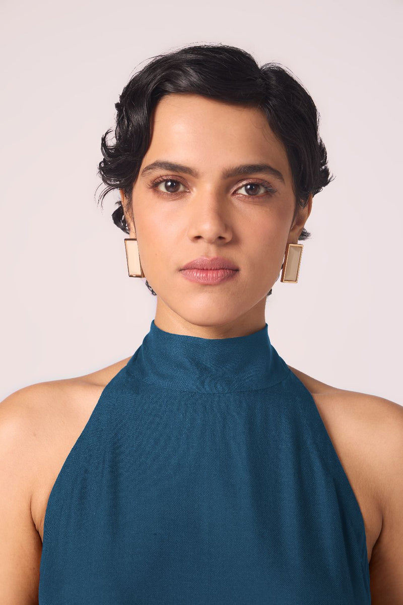 Saros Blue Silk Halter Dress silk by The Summer House in blue color for women in Singapore