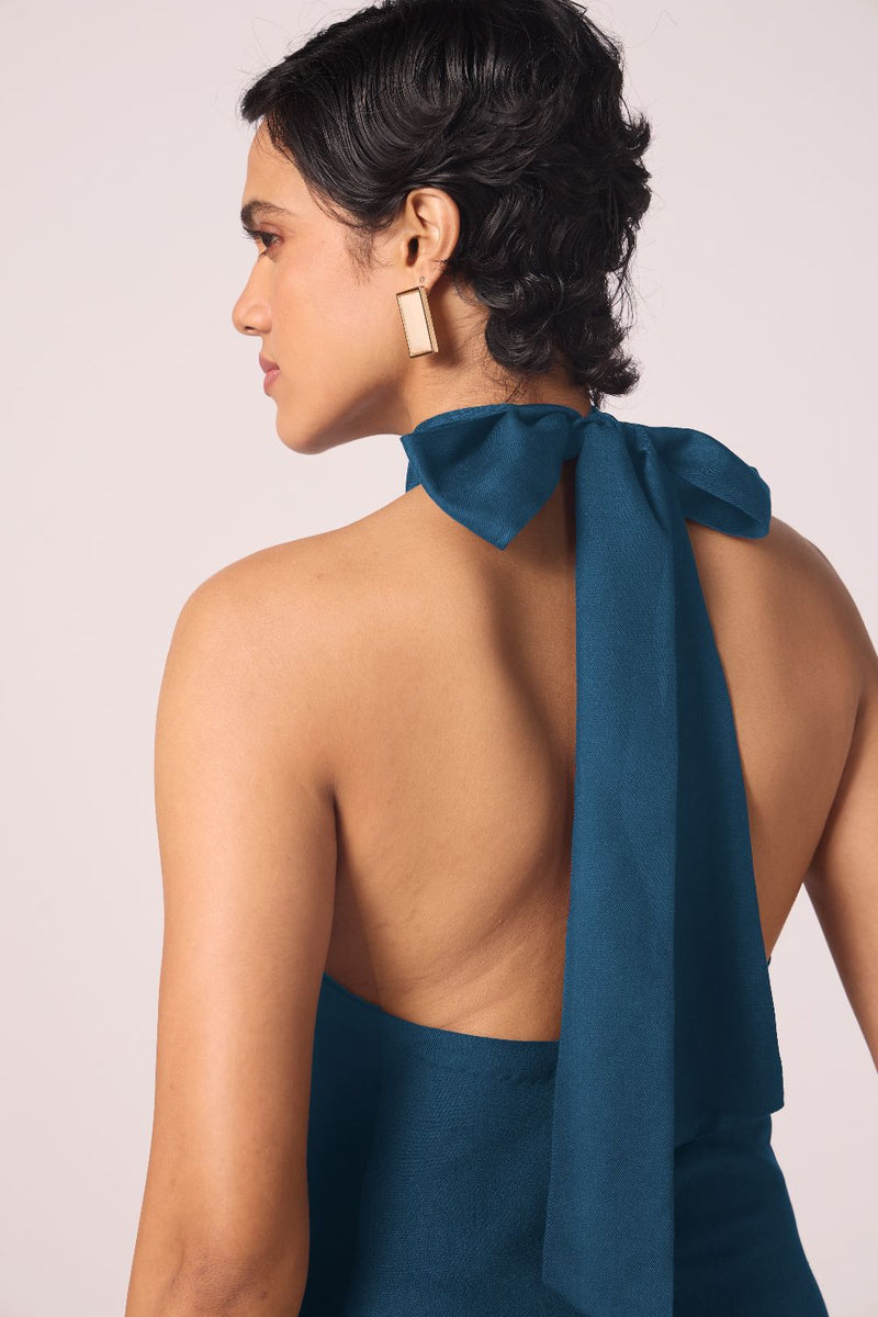 Saros Blue Silk Halter Dress silk by The Summer House in blue color for women in Singapore