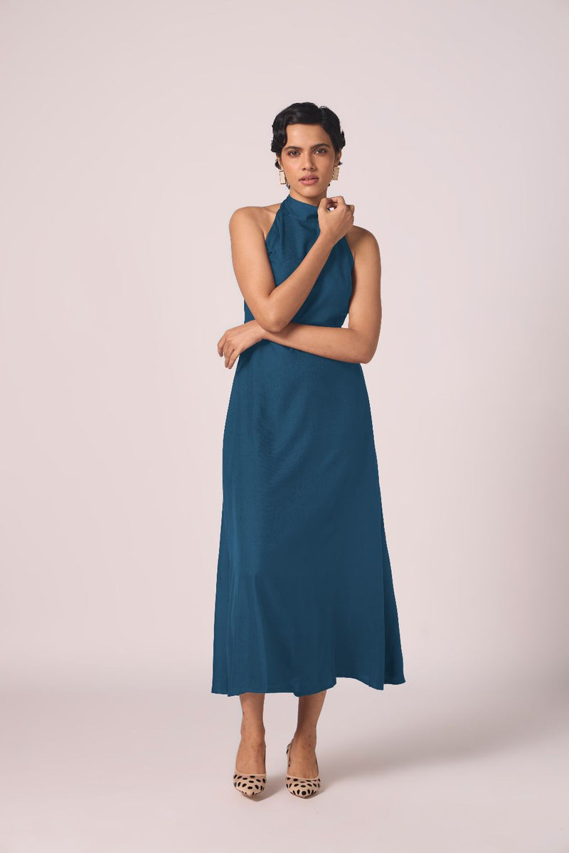 Saros Blue Silk Halter Dress silk by The Summer House in blue color for women in Singapore