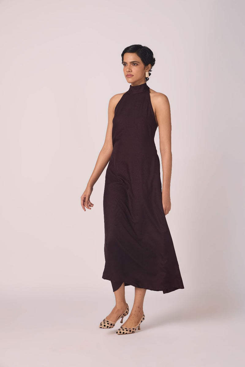 Saros Wine Silk Halter Dress silk by The Summer House for women in Singapore