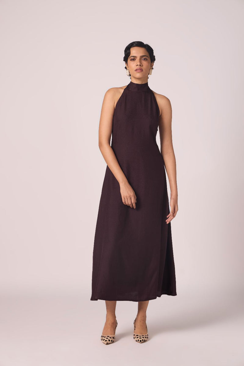 Saros Wine Silk Halter Dress silk by The Summer House for women in Singapore