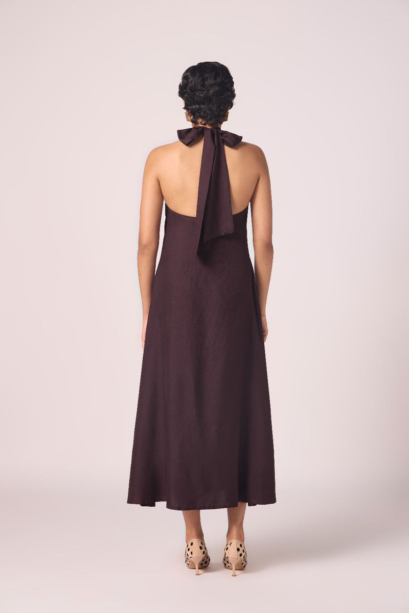Saros Wine Silk Halter Dress silk by The Summer House for women in Singapore