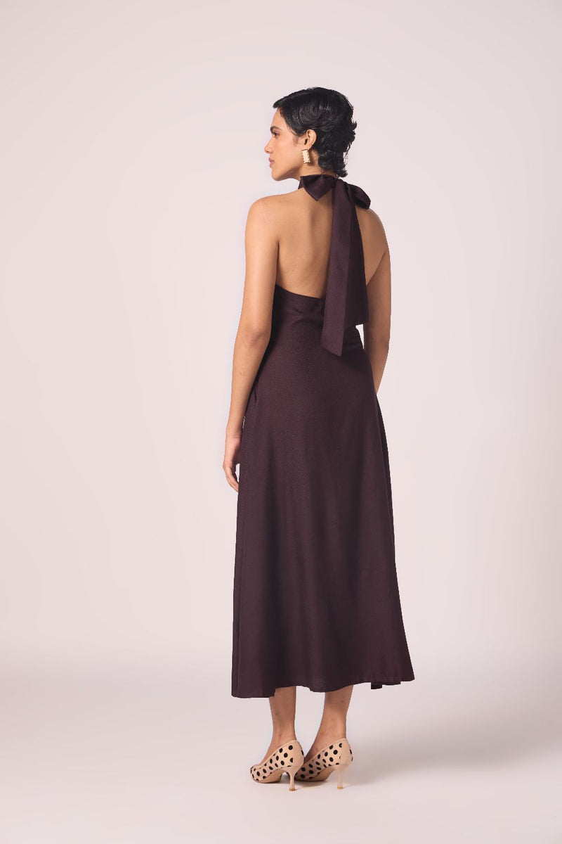 Saros Wine Silk Halter Dress silk by The Summer House for women in Singapore