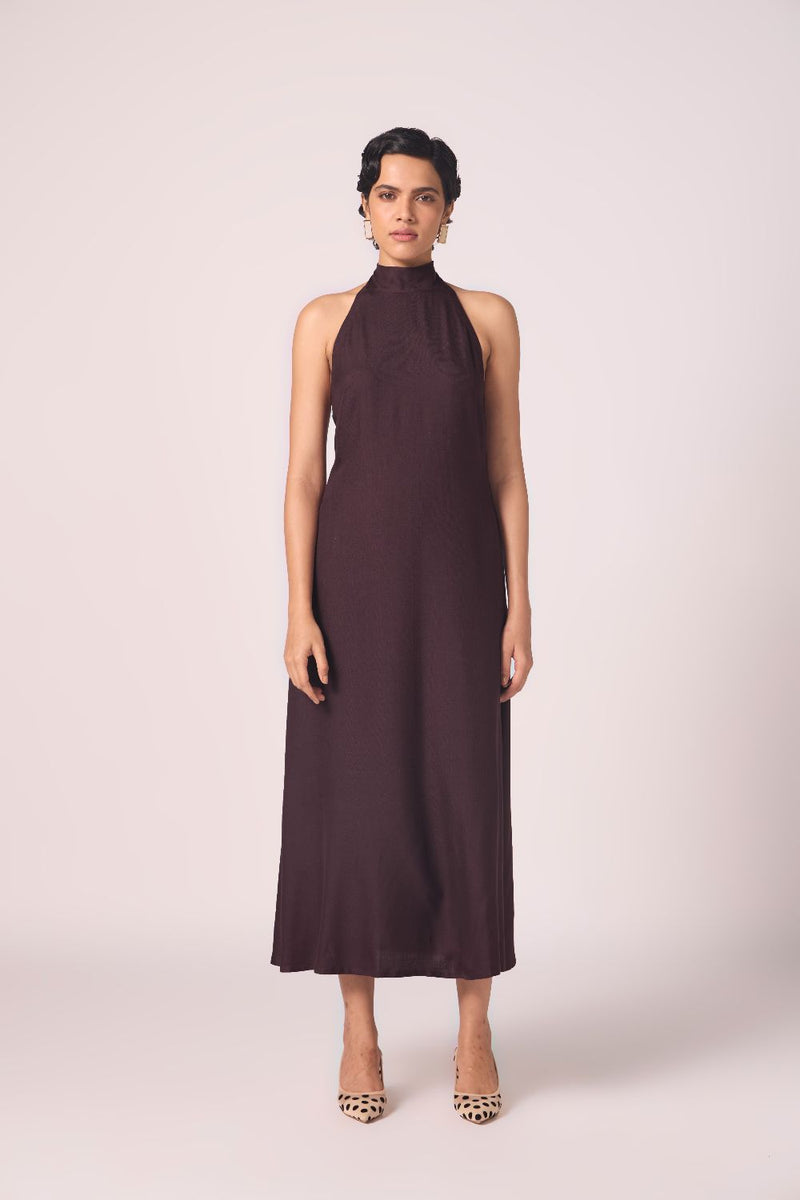 Saros Wine Silk Halter Dress silk by The Summer House for women in Singapore