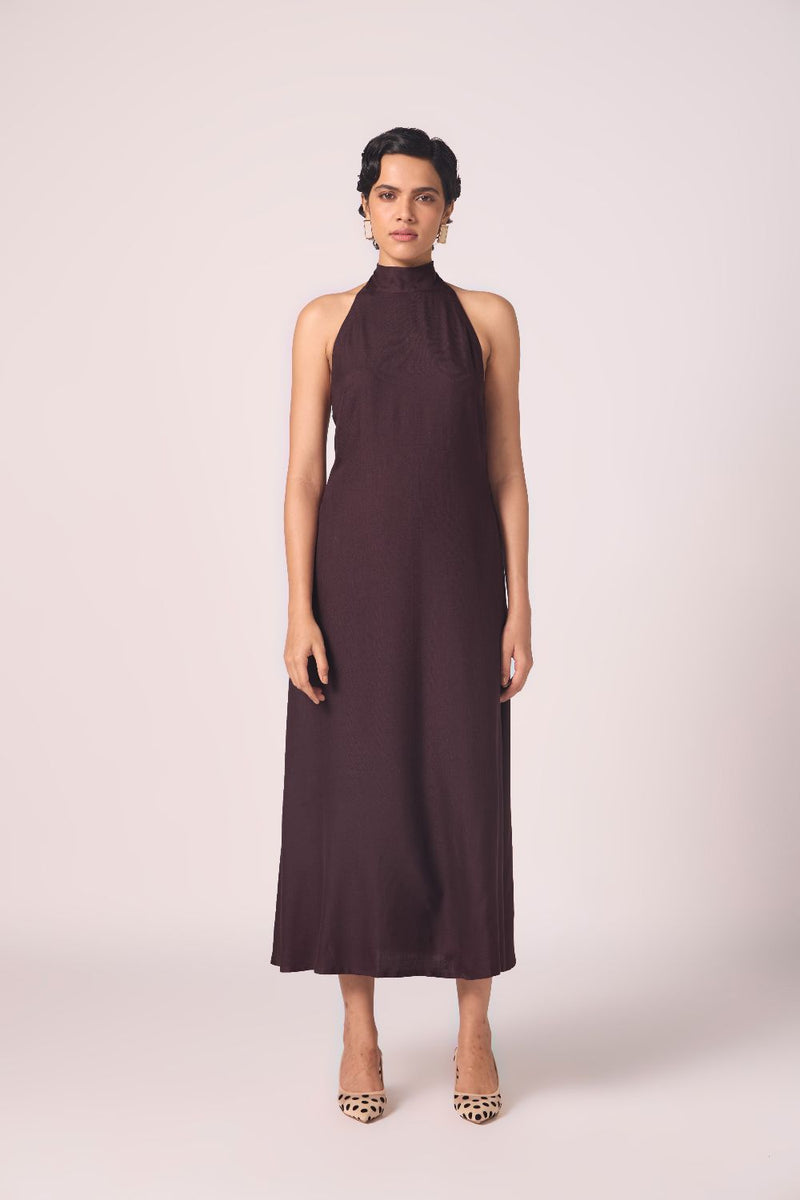 Saros Wine Silk Halter Dress silk by The Summer House for women in Singapore