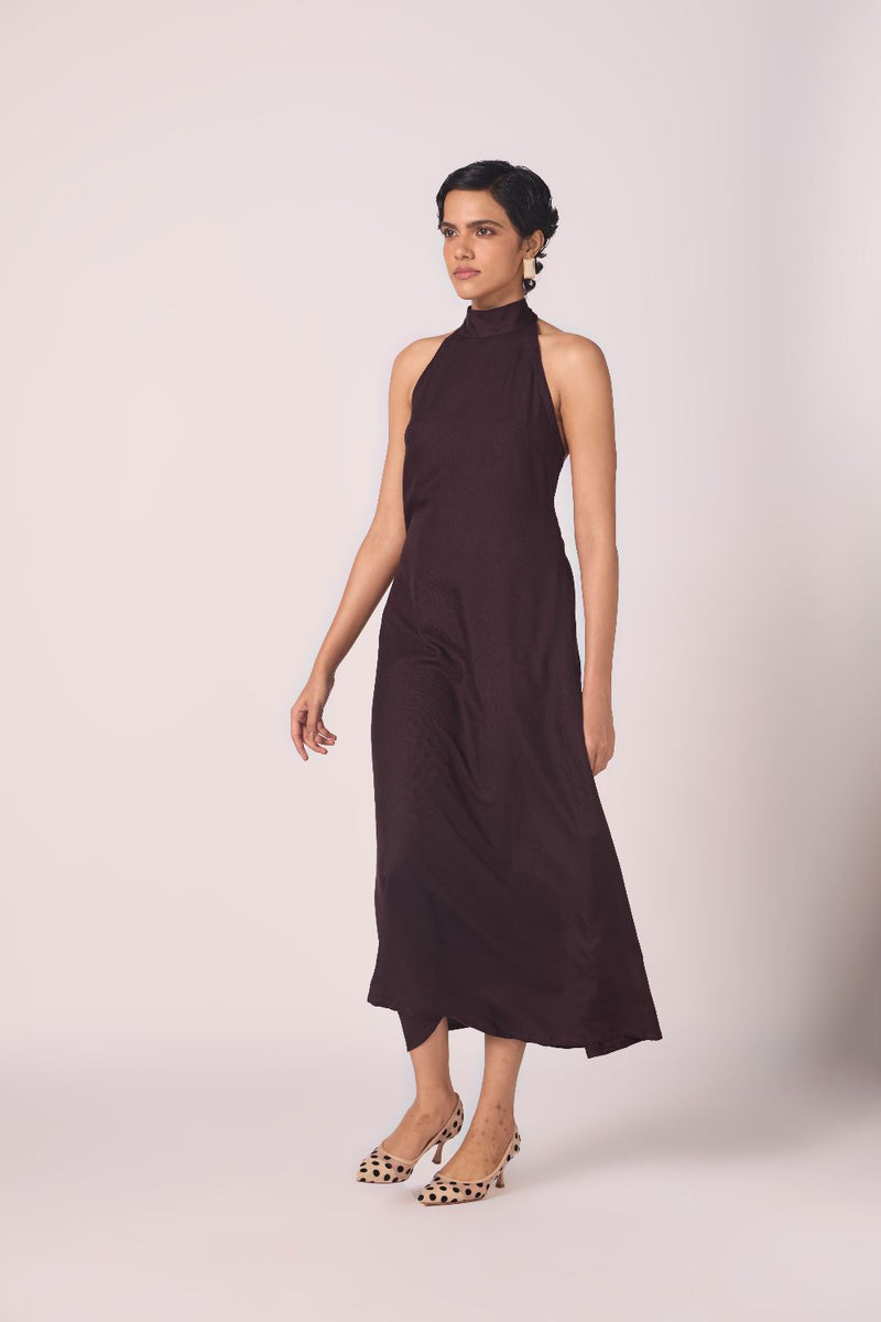 Saros Wine Silk Halter Dress silk by The Summer House for women in Singapore