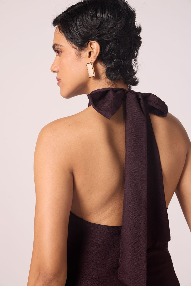 Saros Wine Silk Halter Dress silk by The Summer House for women in Singapore