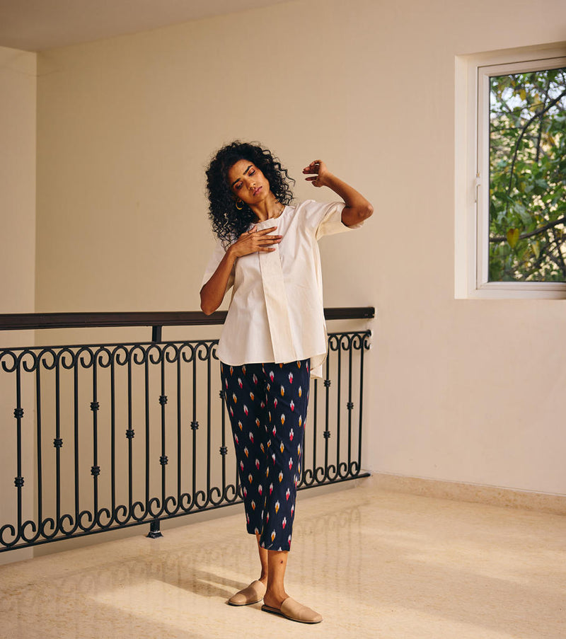 Shades of Ikat Pants linen by Khara Kapas in blue for women in Singapore