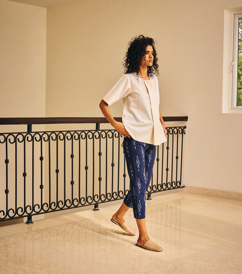 Shades of Ikat Pants linen by Khara Kapas in blue for women in Singapore