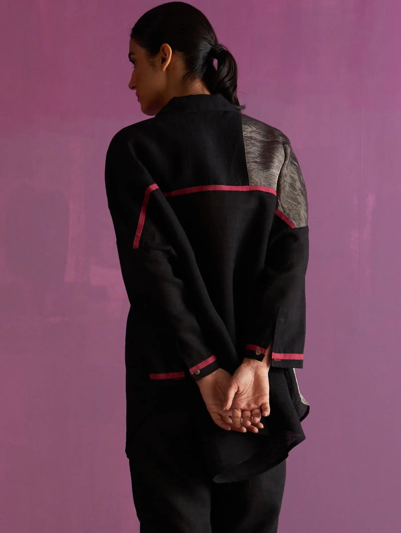 Zaha Metallic Linen Co-ord Set - Black by Manan in black color for women in Singapore