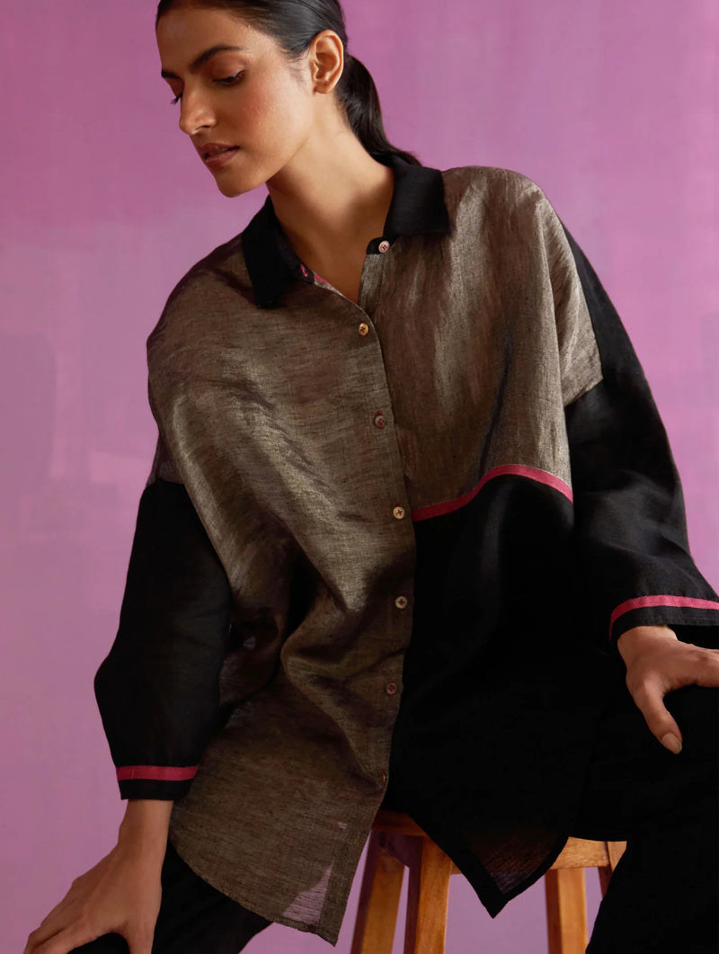 Zaha Metallic Linen Shirt - Black by Manan in black color for women in Singapore