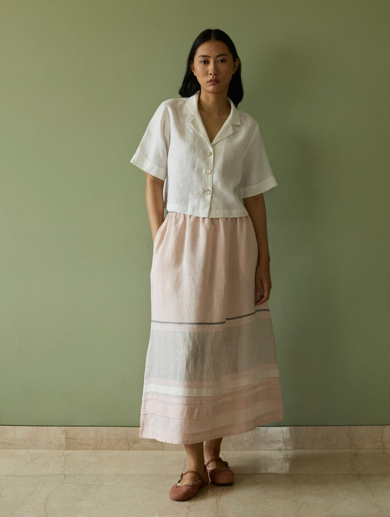 Ora Pleated Border Linen Skirt-Blush linen by Manan in blush color for women in Singapore
