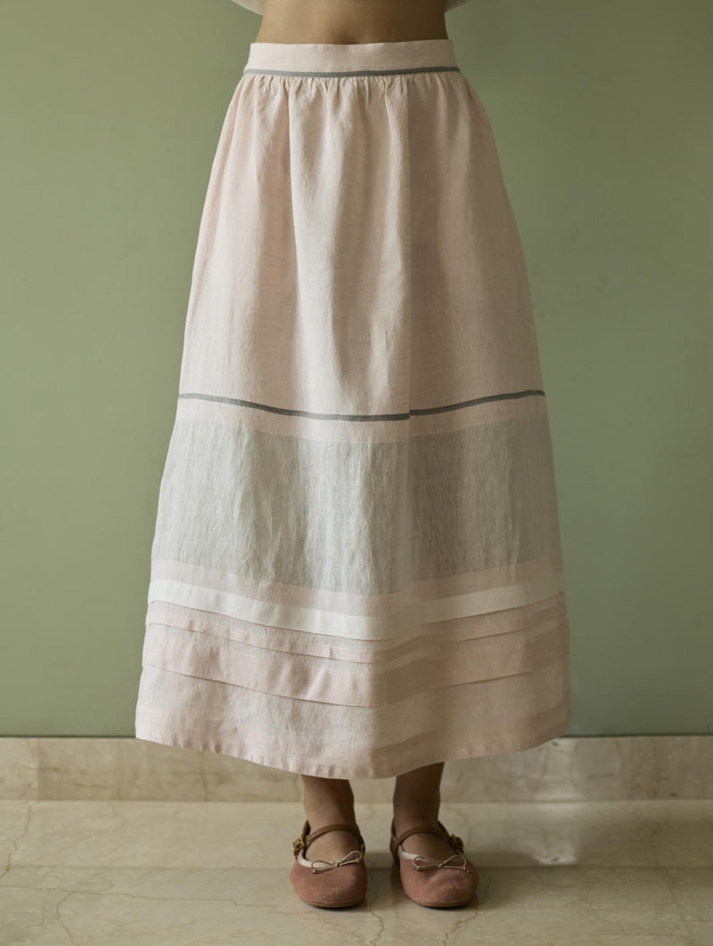 Ora Pleated Border Linen Skirt-Blush linen by Manan in blush color for women in Singapore