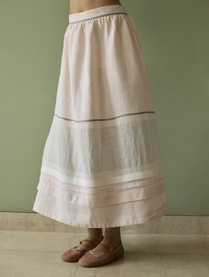 Ora Pleated Border Linen Skirt-Blush linen by Manan in blush color for women in Singapore