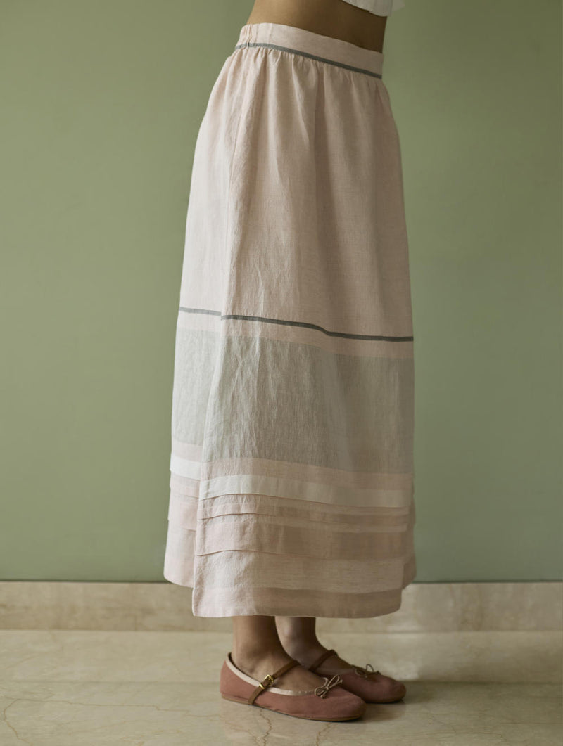 Ora Pleated Border Linen Skirt-Blush linen by Manan in blush color for women in Singapore