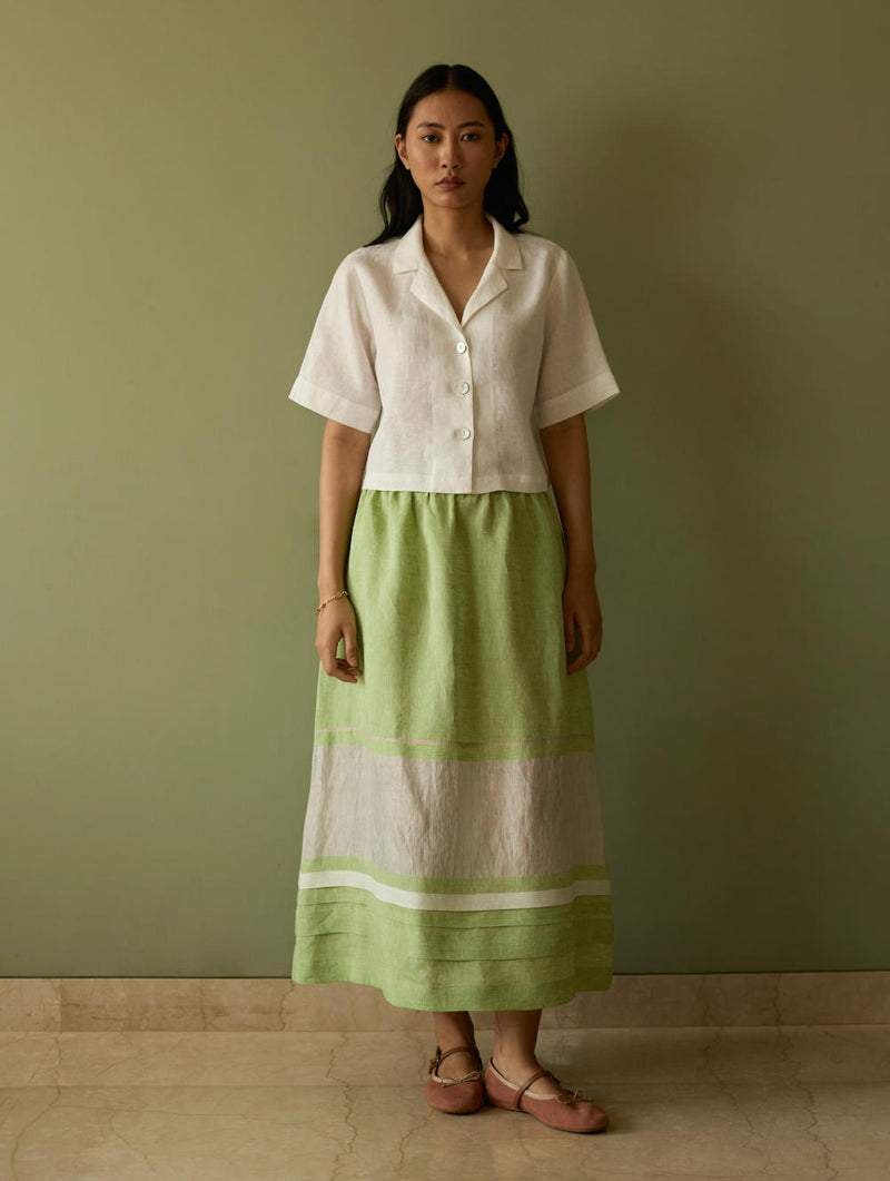 Ora Pleated Border Linen Skirt-Meadow linen by Manan in green color for women in Singapore