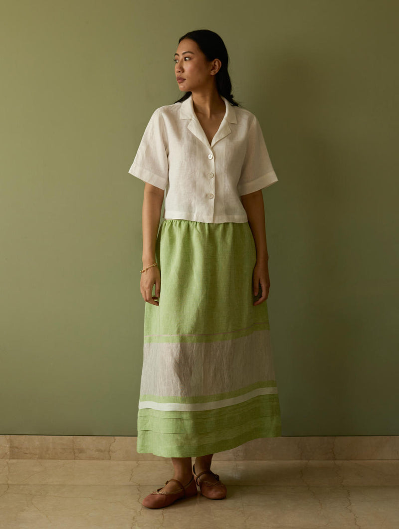 Ora Pleated Border Linen Skirt-Meadow linen by Manan in green color for women in Singapore