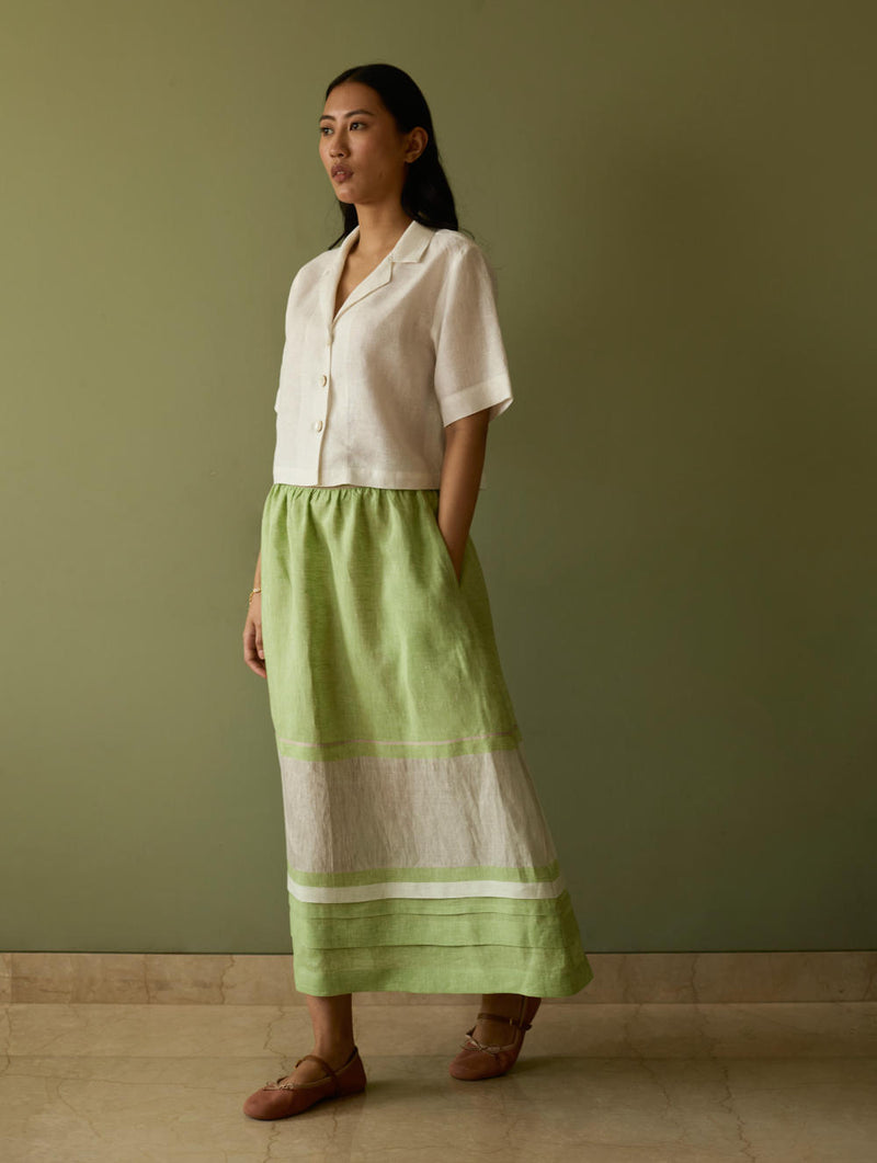 Ora Pleated Border Linen Skirt-Meadow linen by Manan in green color for women in Singapore