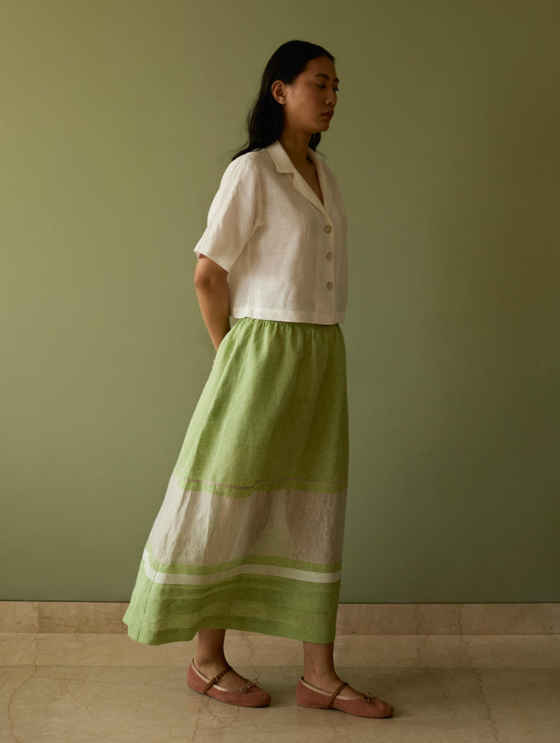 Ora Pleated Border Linen Skirt-Meadow linen by Manan in green color for women in Singapore