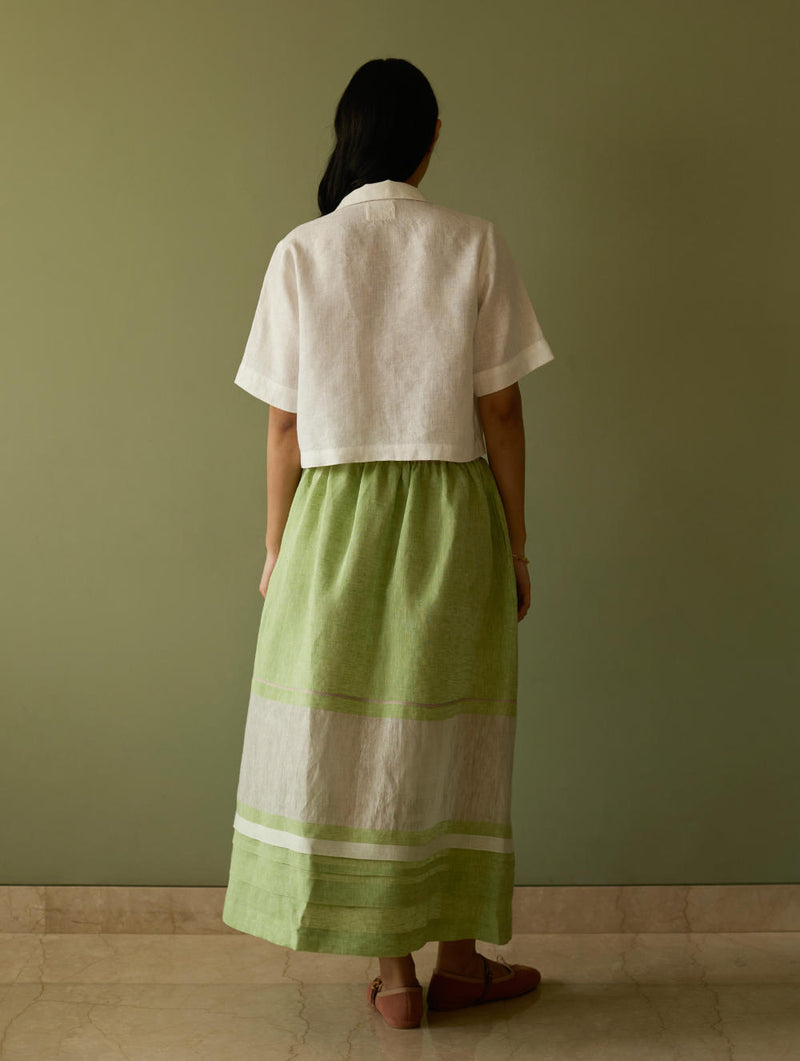 Ora Pleated Border Linen Skirt-Meadow linen by Manan in green color for women in Singapore