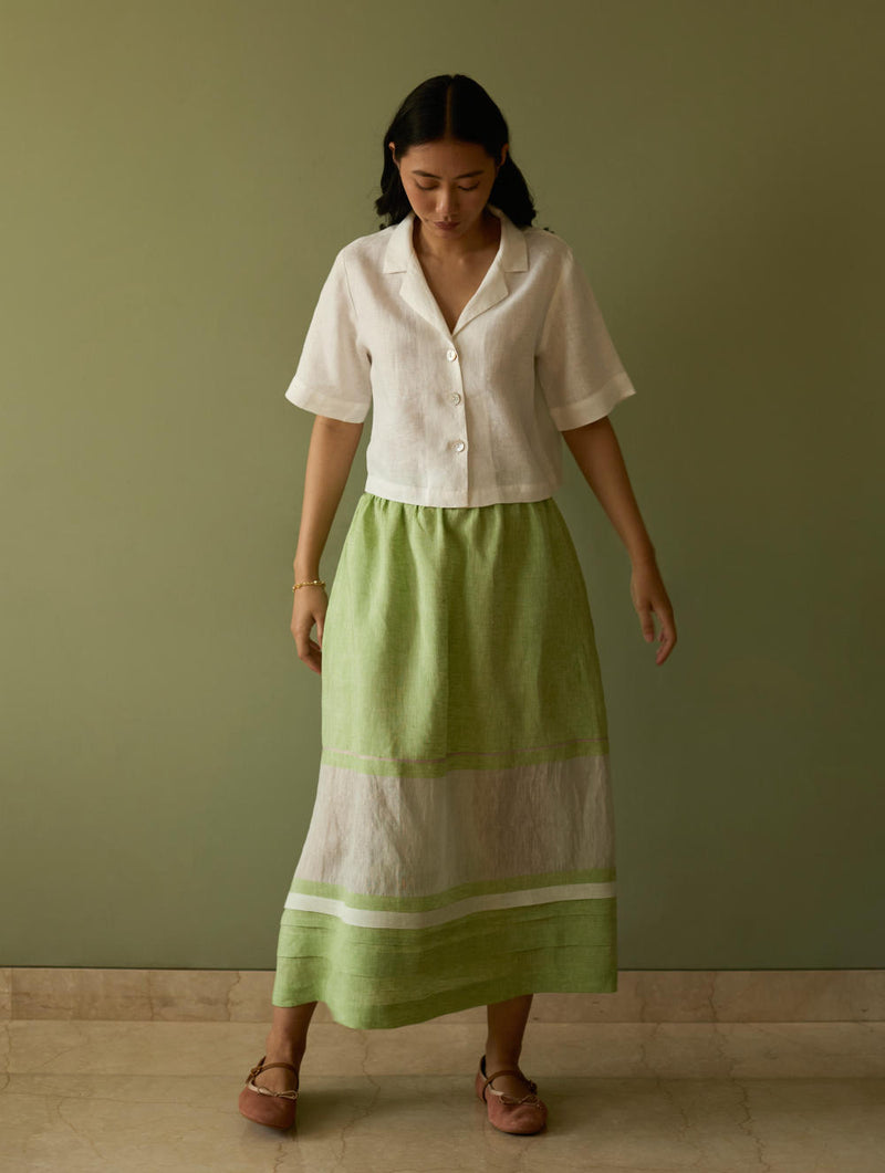 Ora Pleated Border Linen Skirt-Meadow linen by Manan in green color for women in Singapore