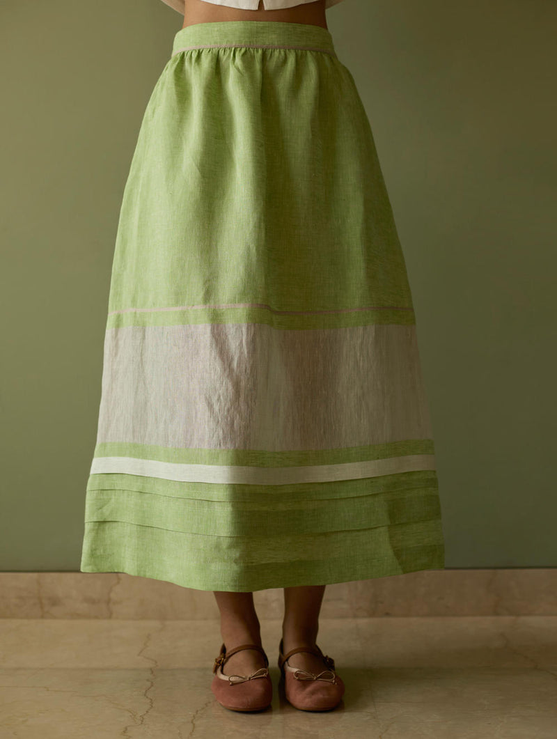 Ora Pleated Border Linen Skirt-Meadow linen by Manan in green color for women in Singapore