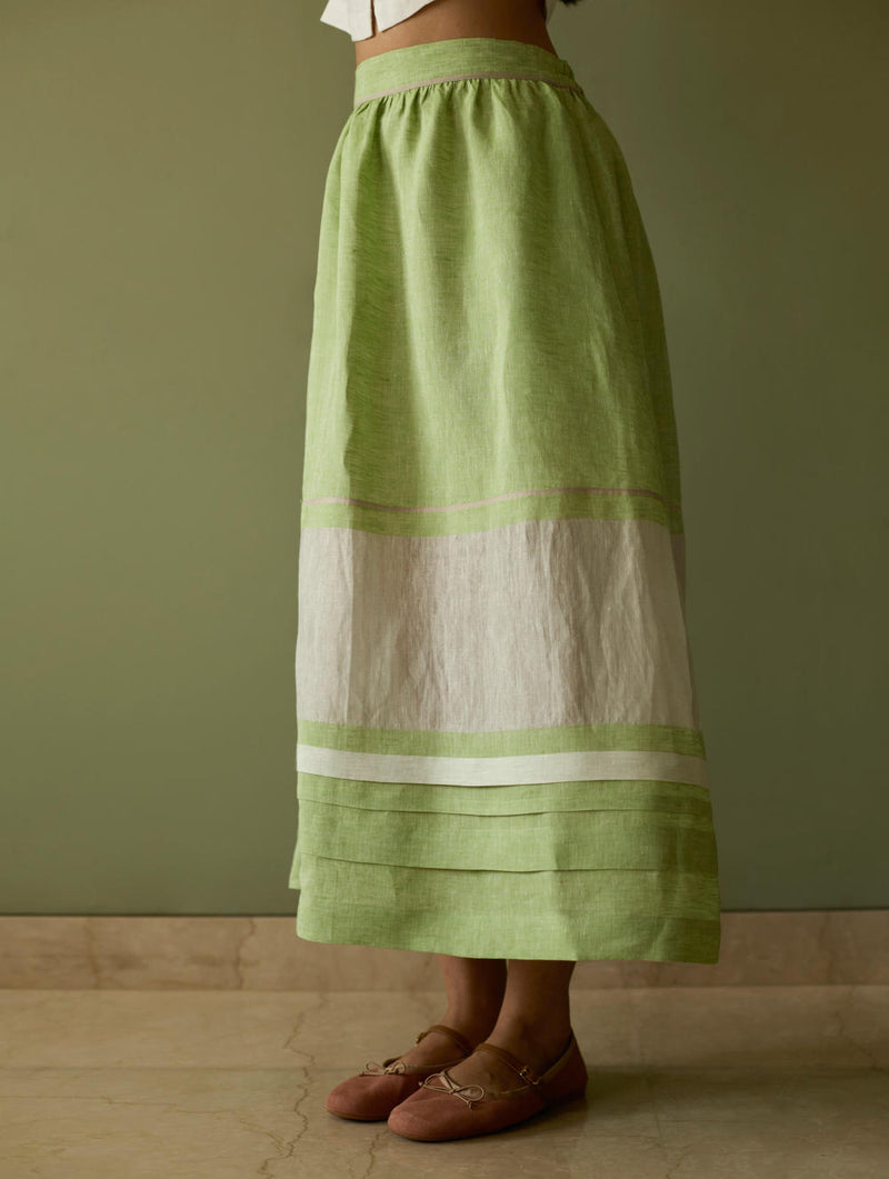 Ora Pleated Border Linen Skirt-Meadow linen by Manan in green color for women in Singapore