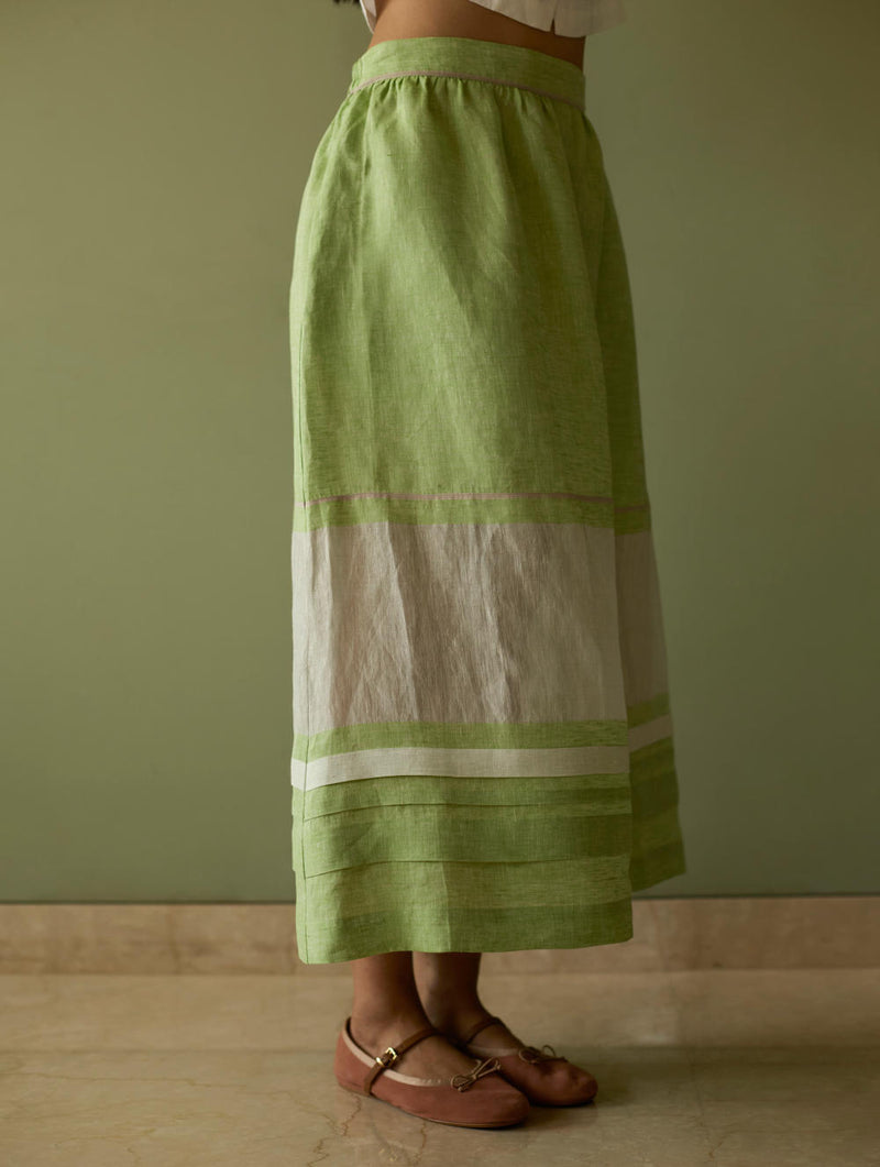 Ora Pleated Border Linen Skirt-Meadow linen by Manan in green color for women in Singapore