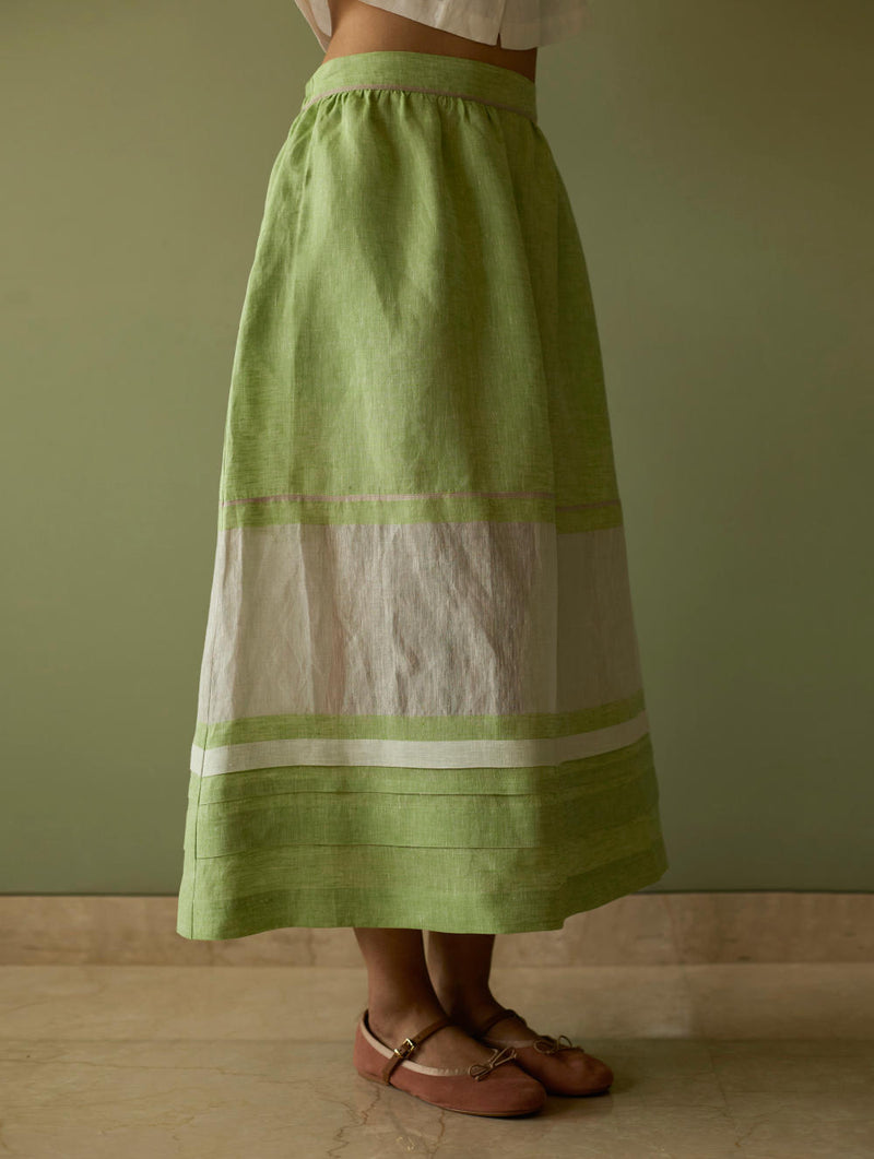 Ora Pleated Border Linen Skirt-Meadow linen by Manan in green color for women in Singapore