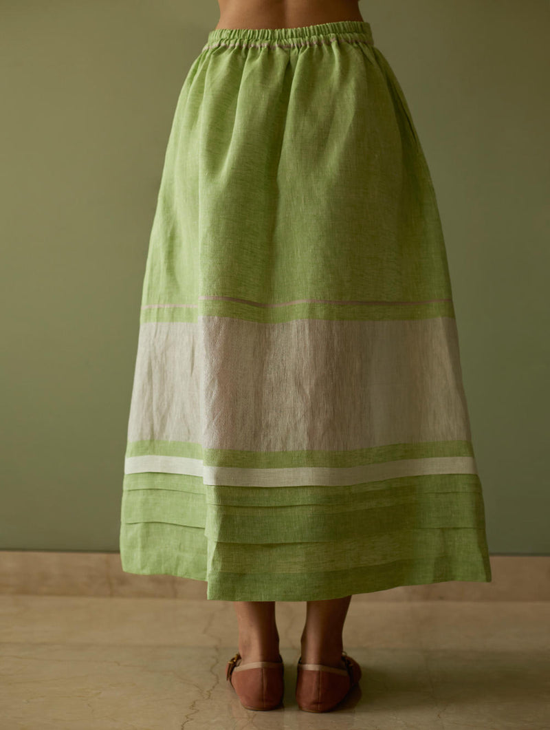 Ora Pleated Border Linen Skirt-Meadow linen by Manan in green color for women in Singapore