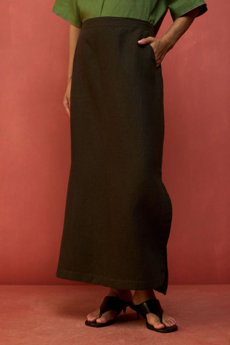 Hiro Linen Skirt - Olive Charcoal by Manan for in Singapore