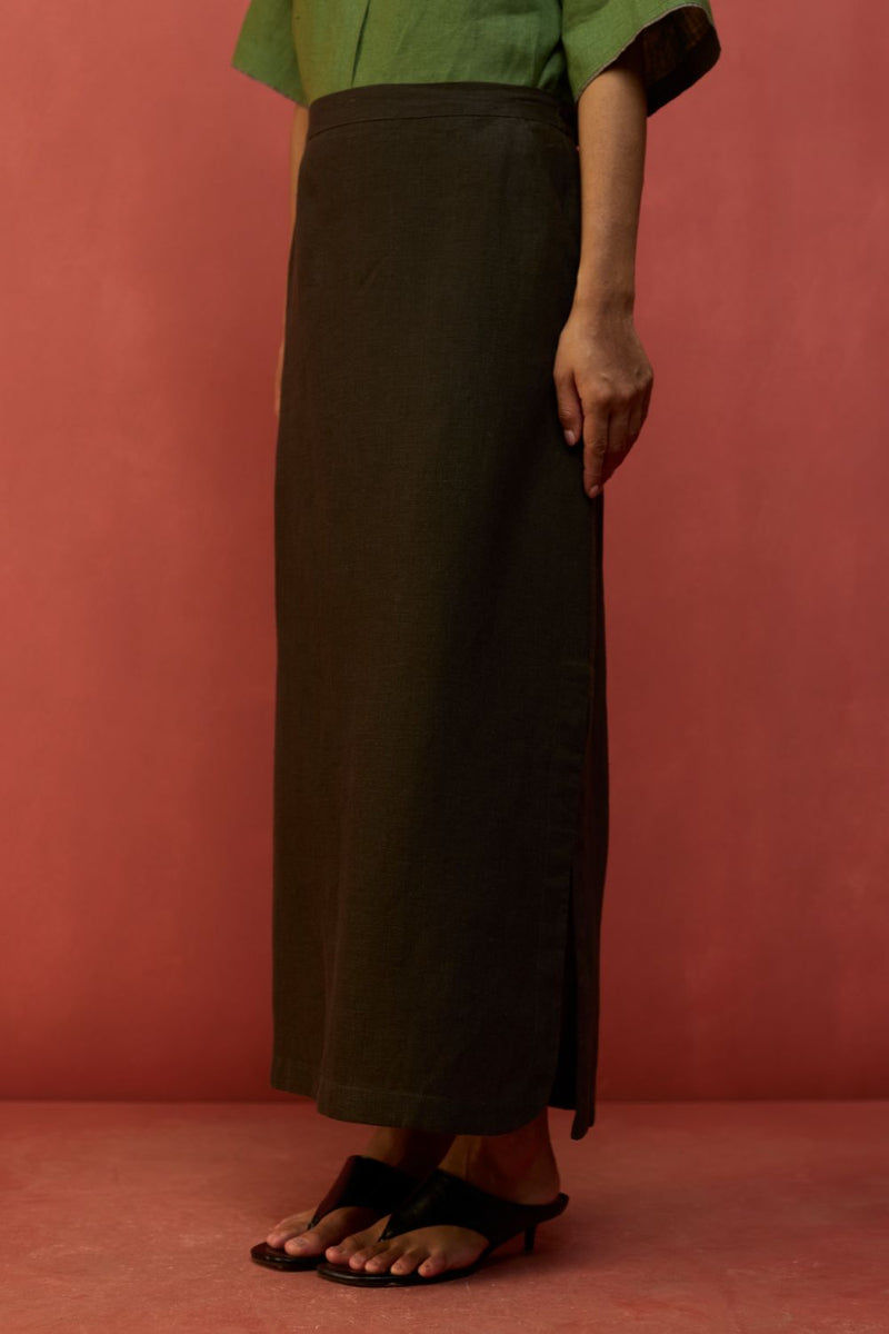 Hiro Linen Skirt - Olive Charcoal by Manan for in Singapore