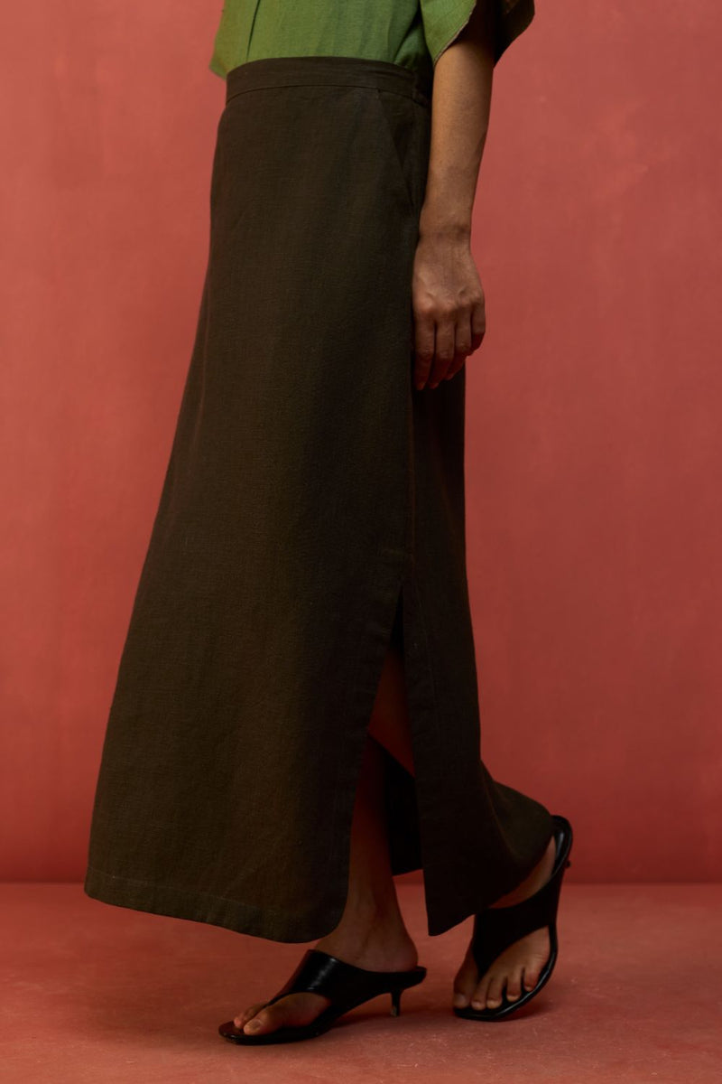 Hiro Linen Skirt - Olive Charcoal by Manan for in Singapore